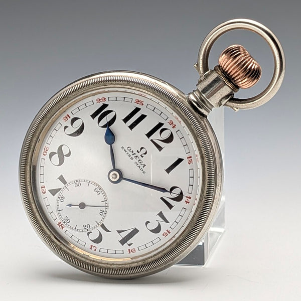 Circa 1915 Antique Omega Pocket Watch Diameter 53mm Railroad Watch Alloy Case In Good Working Condition